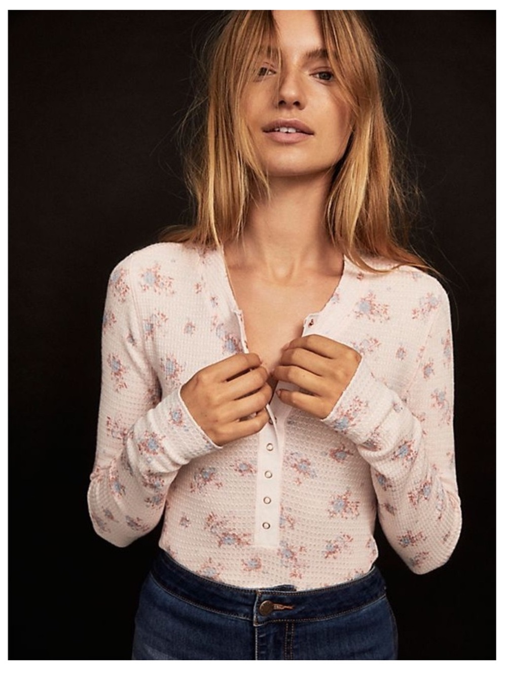 Free People Intimately One of the Girls Floral Henley Thermal Top Size L - Picture 2 of 10